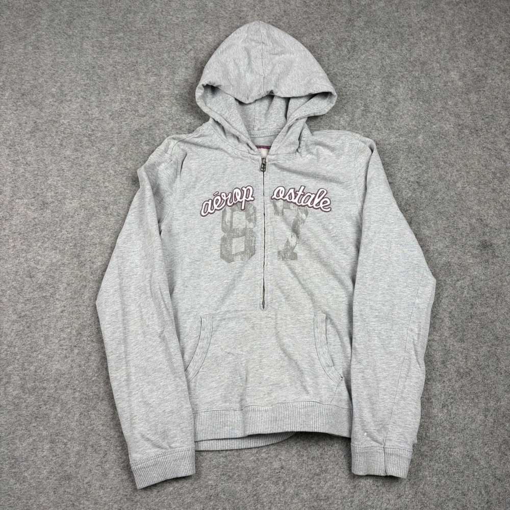 Y2K Aeropostale Hoodie Women Large Gray 1/4 Zip Graphic Preppy Skater 2000s Surf